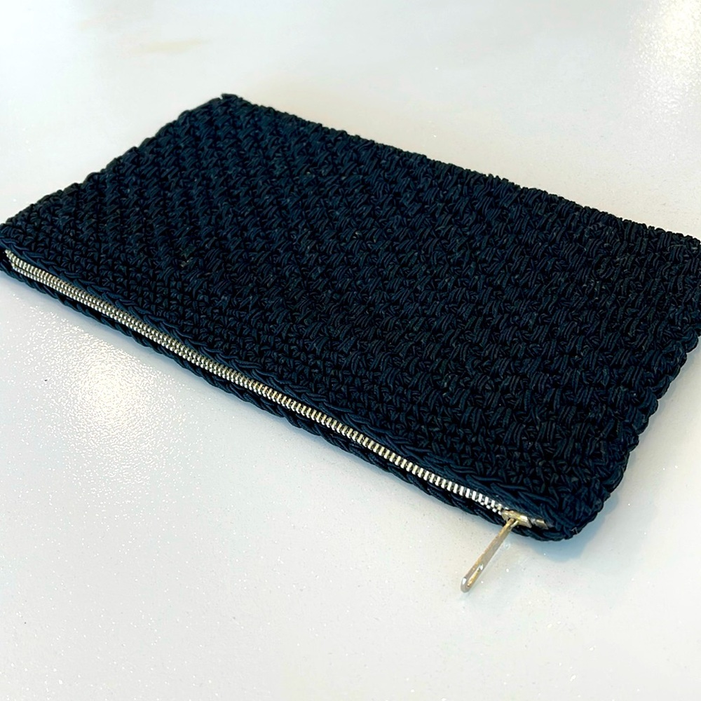 Vintage ADG Hong Kong Black Crochet Clutch Purse Satin Lined Brass Hardware